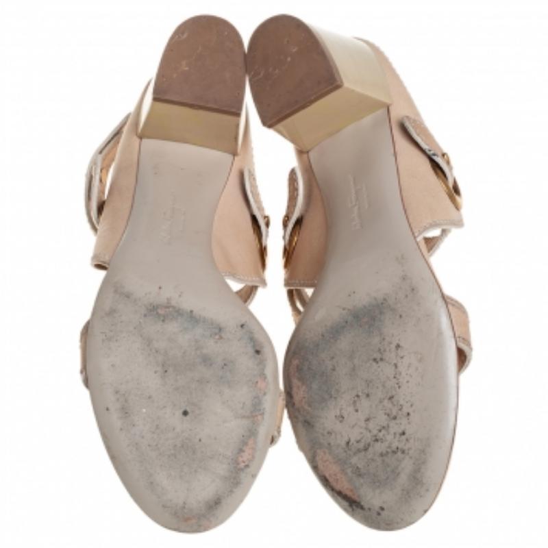 Salvatore Ferragamo Beige Leather Block Heel Ankle Strap Sandals Size 37.5 For Sale 3