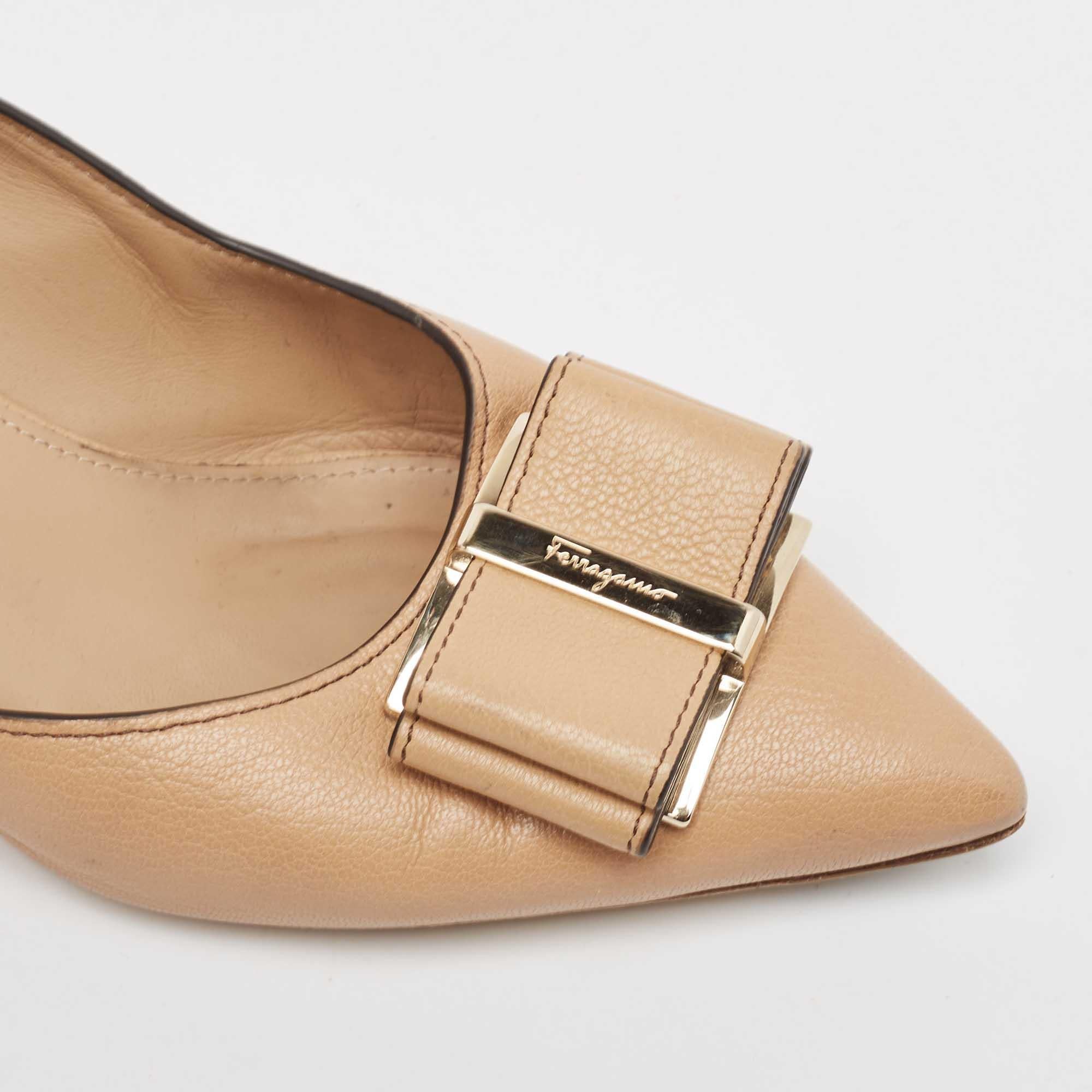 Salvatore Ferragamo Beige Leather Double Bow Pumps Size 39.5 For Sale 3