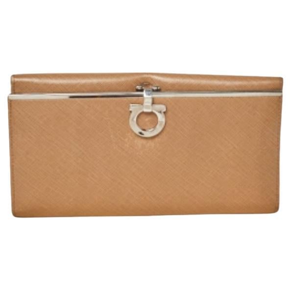 Salvatore Ferragamo Beige Leather Gancini Icona Continental Wallet For Sale