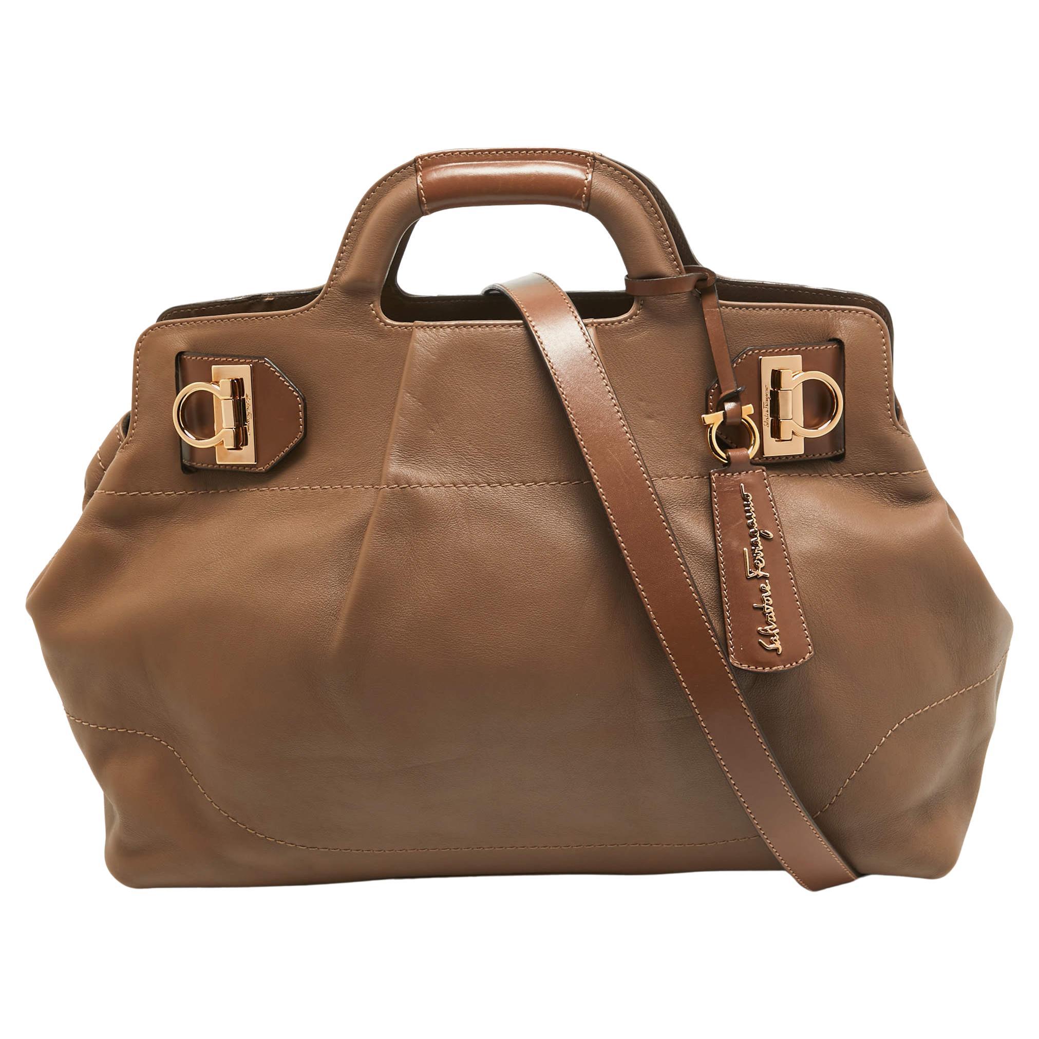 Salvatore Ferragamo Beige Leather Large Wanda Top Handle Bag For Sale