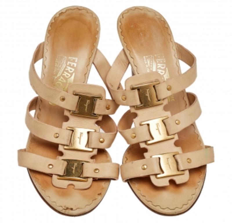 Salvatore Ferragamo Beige Leather Slide Sandals Size 38.5 1