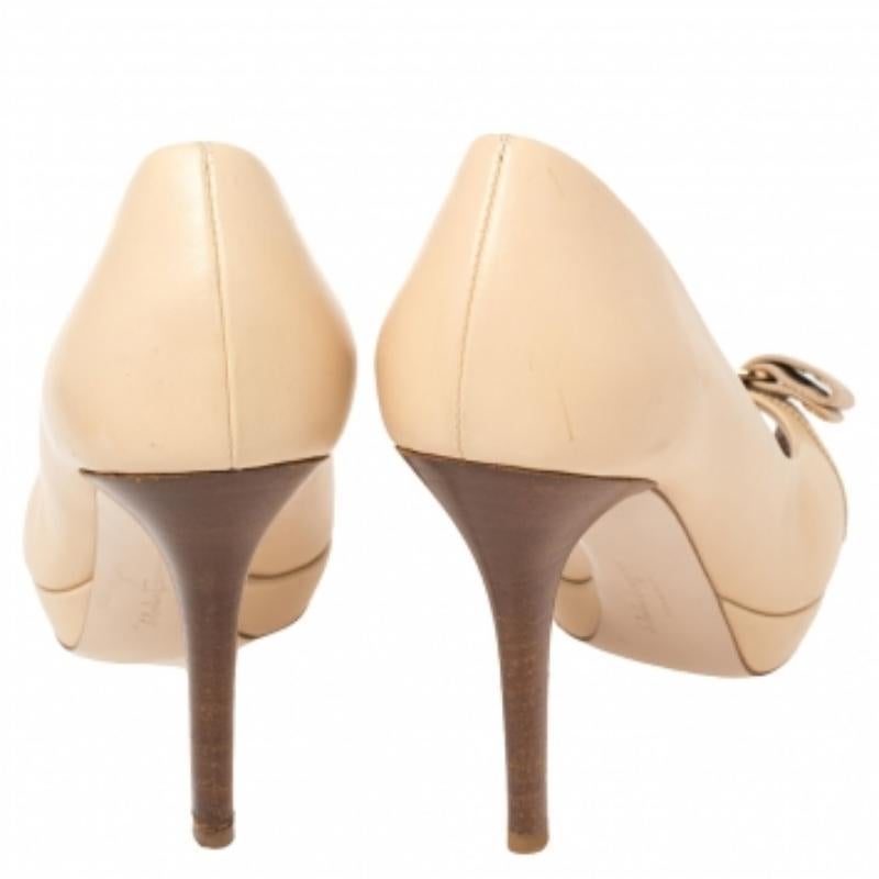 Salvatore Ferragamo Beige Leather Vara Bow Peep Toe Platform Pumps Size 36.5 For Sale 4