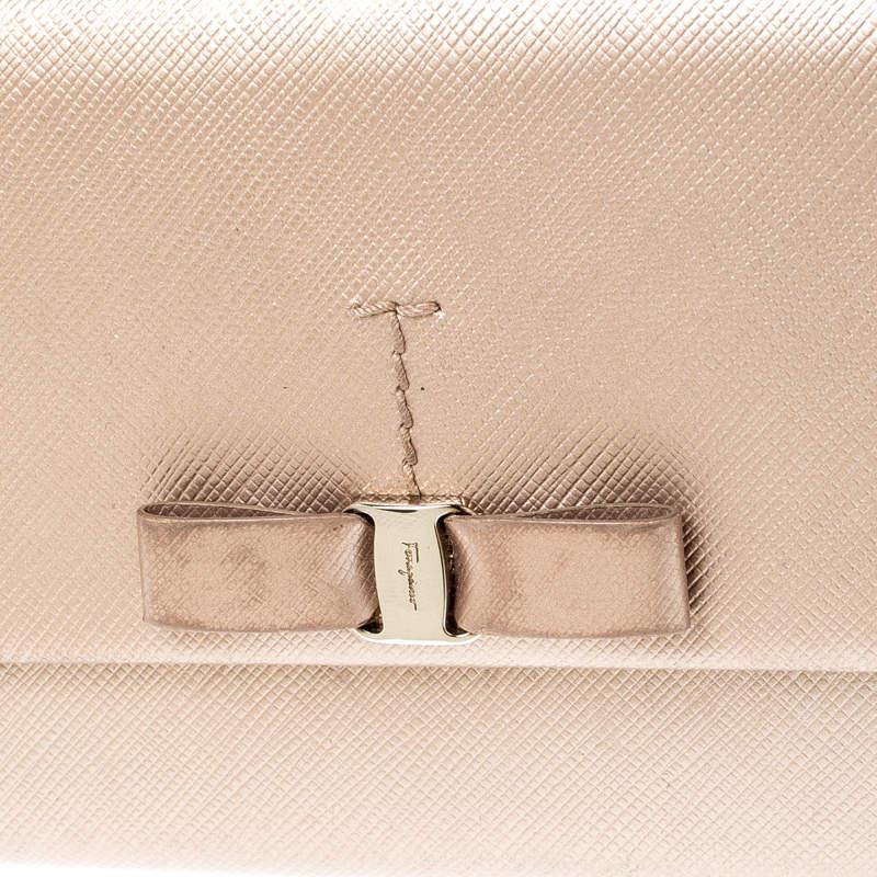 Salvatore Ferragamo Beige Metallic Leather Bow Continental Wallet 1