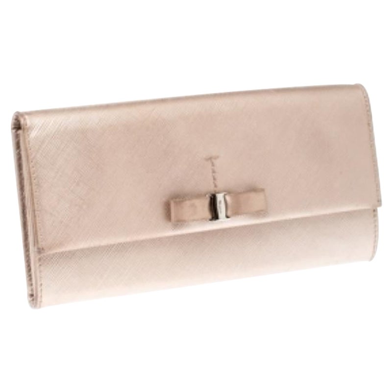 Salvatore Ferragamo Beige Metallic Leather Bow Continental Wallet