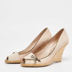 Salvatore Ferragamo Beige Nubuck Leather Peep Toe Wedge Pumps Size 38.5