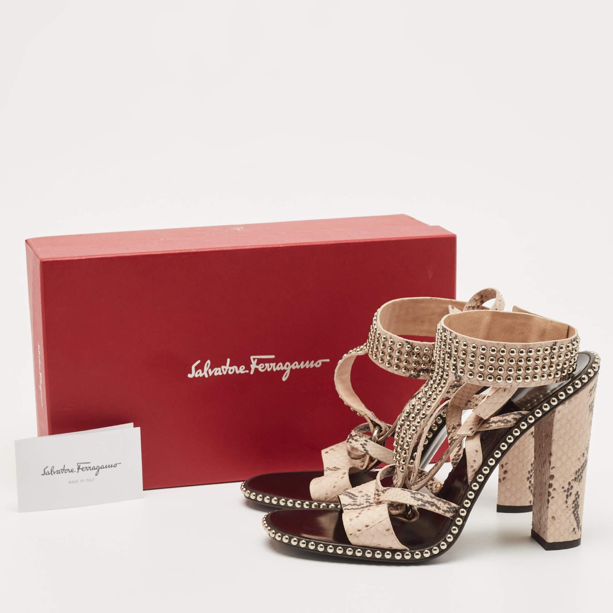 Salvatore Ferragamo Beige Python Leather Studded Ankle Cuff Sandals Size 41 For Sale 5