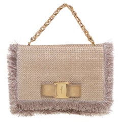 Salvatore Ferragamo Beige Suede and Fabric Ginny Fringed Crossbody Bag
