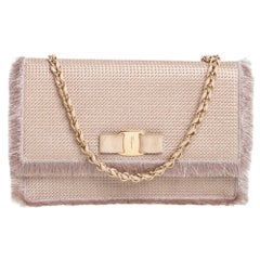 Salvatore Ferragamo Beige Suede and Fabric Ginny Fringed Crossbody Bag