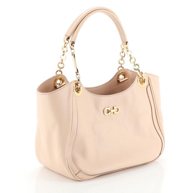 Beige Salvatore Ferragamo Betulla Chain Tote Leather Small