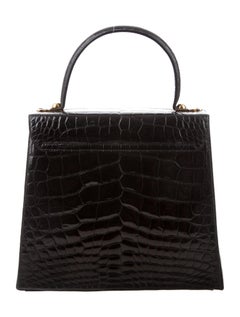 Salvatore Ferragamo Black Alligator Gold Kelly Style Top Handle Satchel Bag