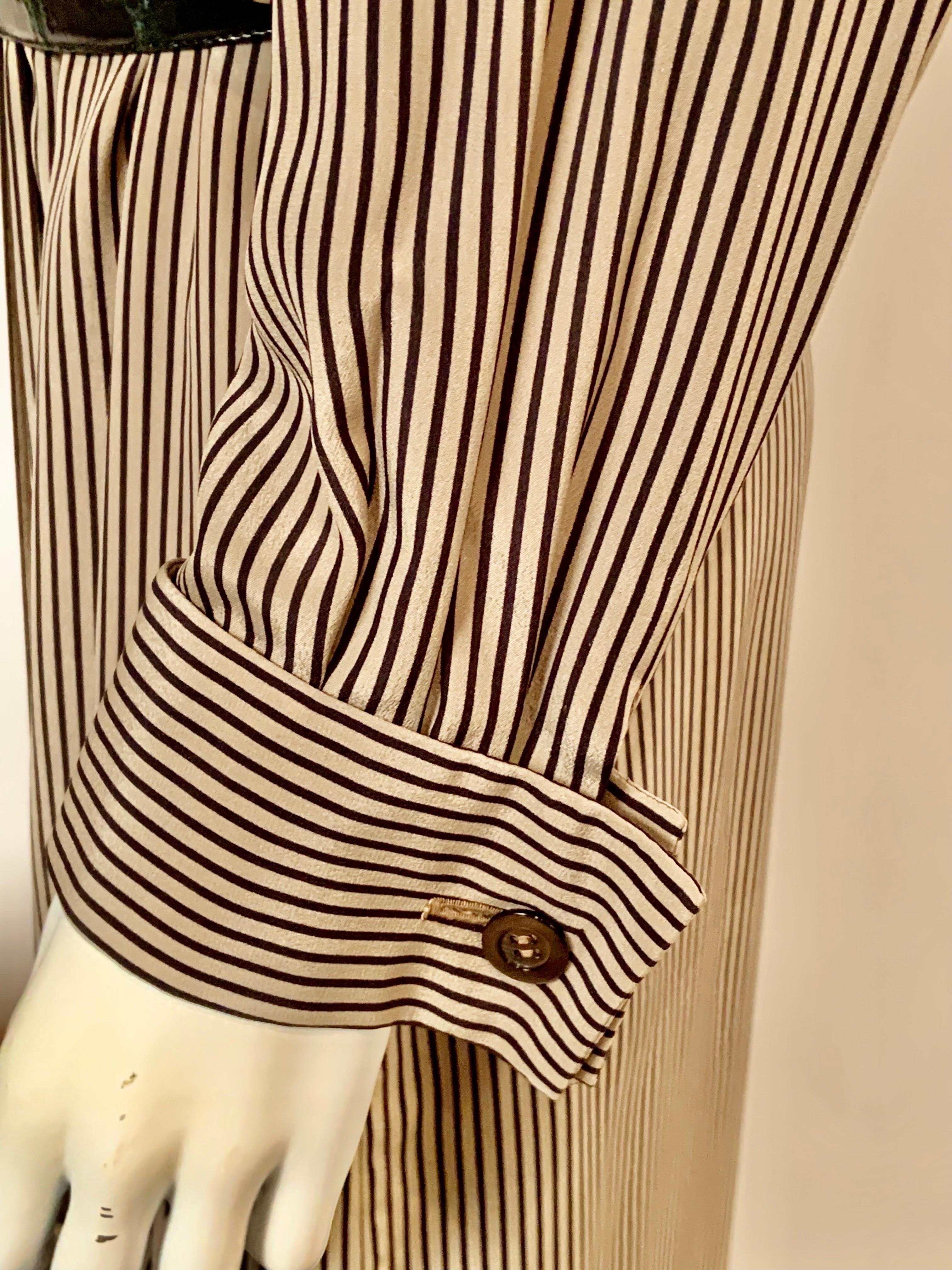Salvatore Ferragamo Black and Tan Striped Silk Wrap Dress For Sale 2