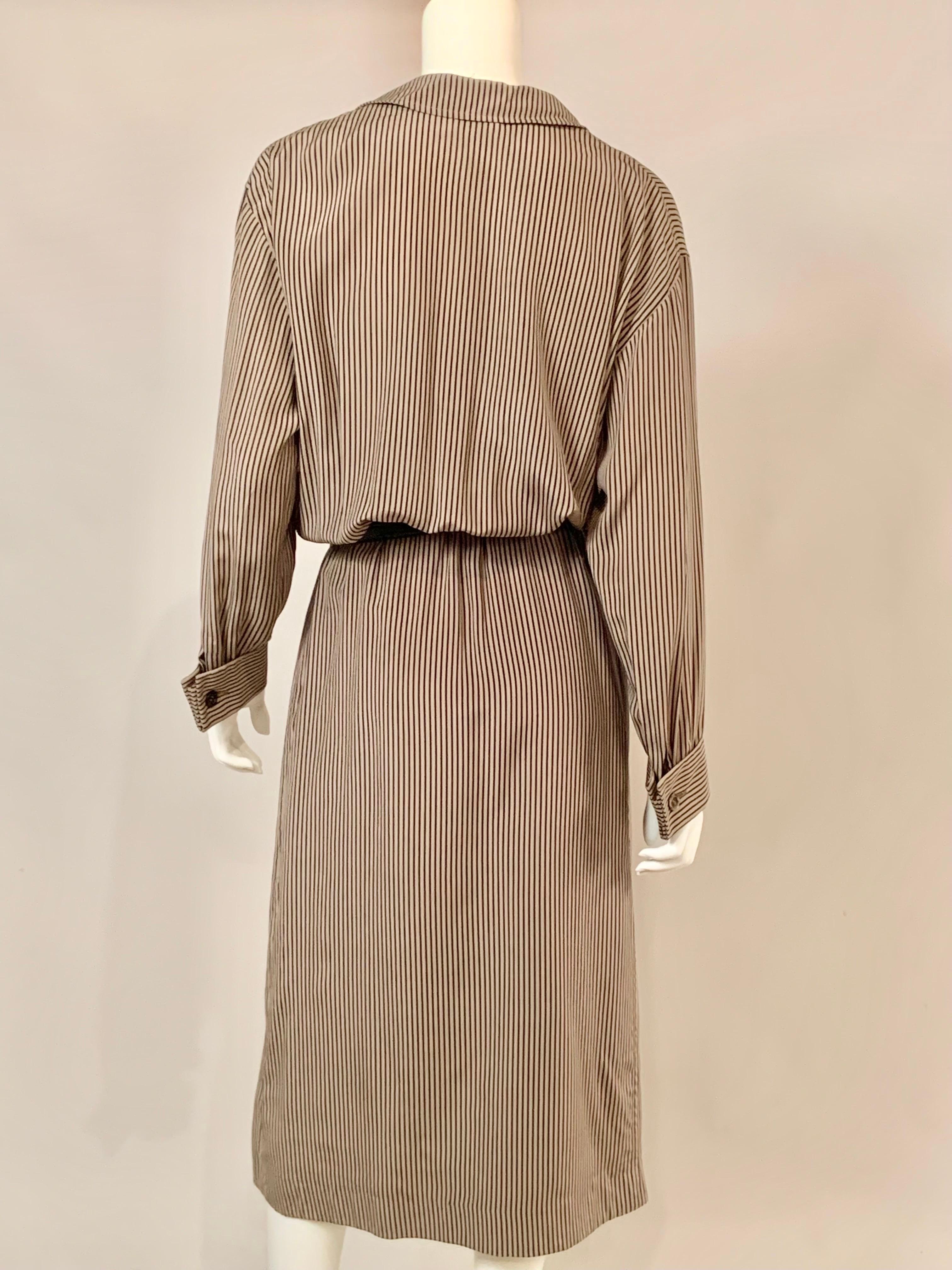 Salvatore Ferragamo Black and Tan Striped Silk Wrap Dress For Sale 3