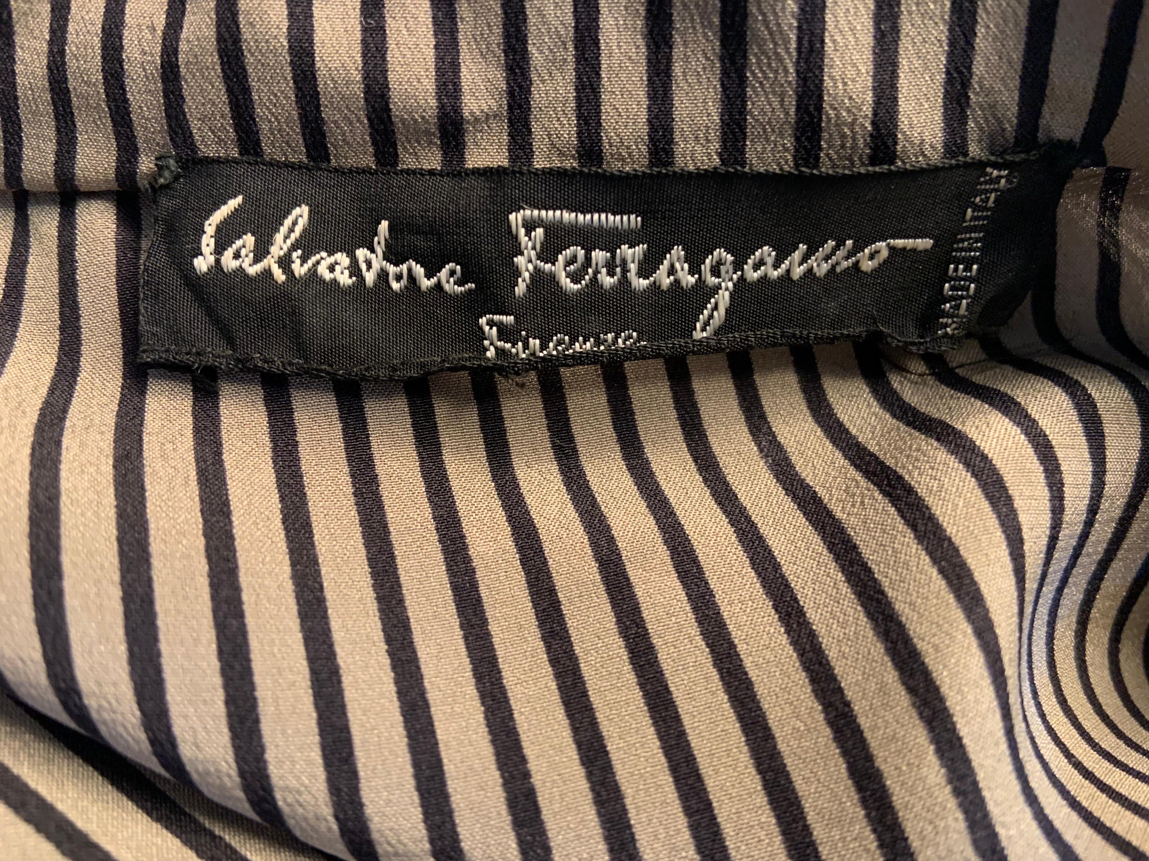 Salvatore Ferragamo Black and Tan Striped Silk Wrap Dress For Sale 4
