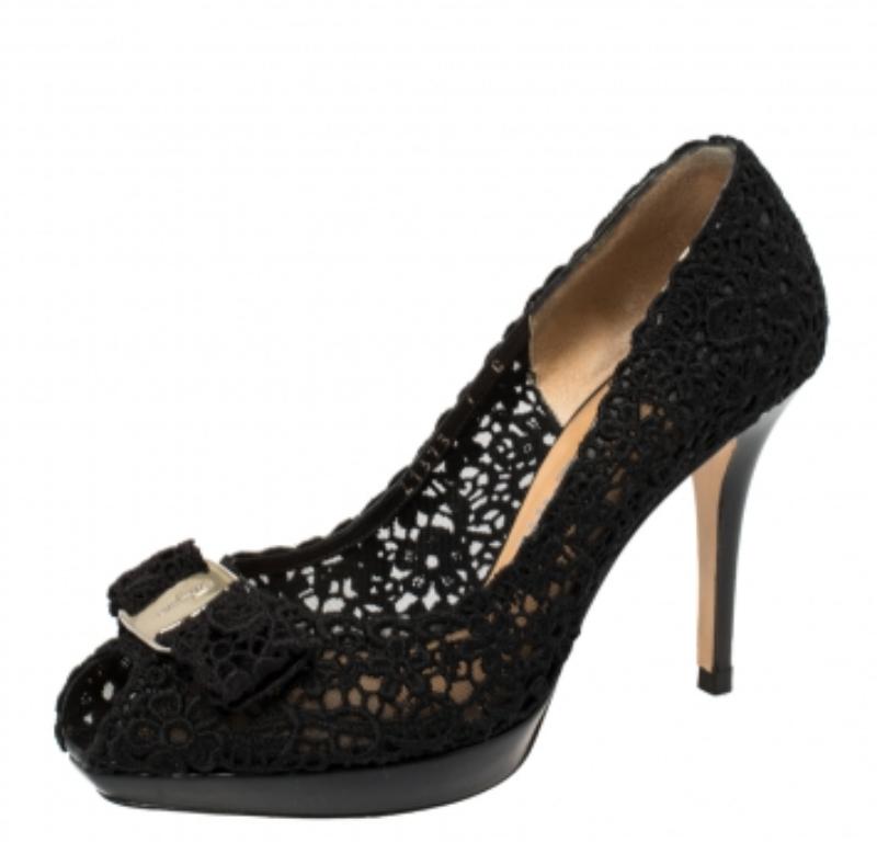 Salvatore Ferragamo Black Bonita Lace Peep Toe Pumps Size 37.5 For Sale 1