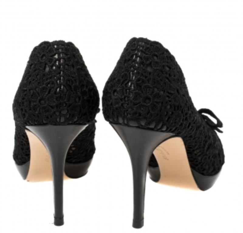 Salvatore Ferragamo Black Bonita Lace Peep Toe Pumps Size 37.5 For Sale 3