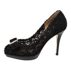 Salvatore Ferragamo Black Bonita Lace Peep Toe Pumps Size 37.5