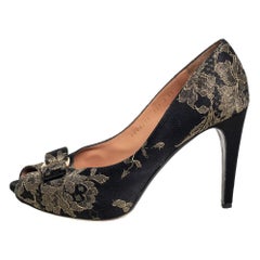 Salvatore Ferragamo Black Brocade Peep Toe Bow Pumps Size 40.5