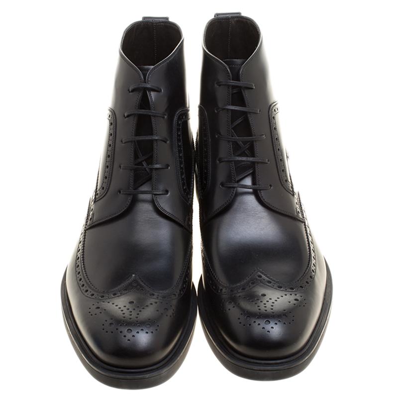 Salvatore Ferragamo Black Brogue Leather Gaiano Wing Tip Ankle Boots Size 45 In New Condition In Dubai, Al Qouz 2