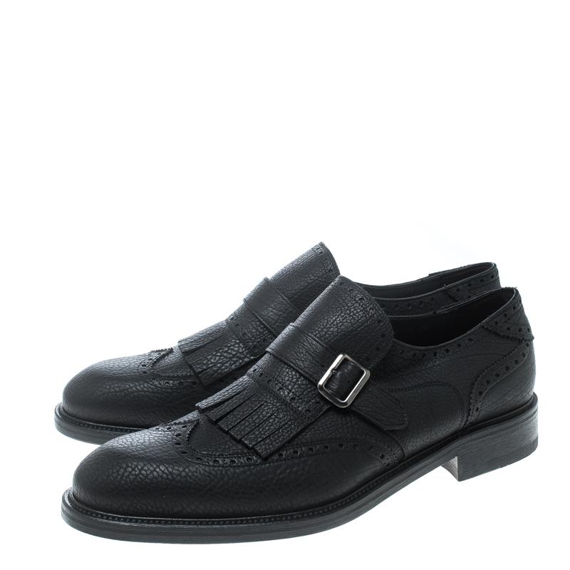 Men's Salvatore Ferragamo Black Brogue Leather Genesis Fringe Detail Wingtip Loafers S
