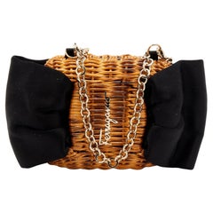 Salvatore Ferragamo Black/Brown Rattan and Satin Bow Chain Clutch