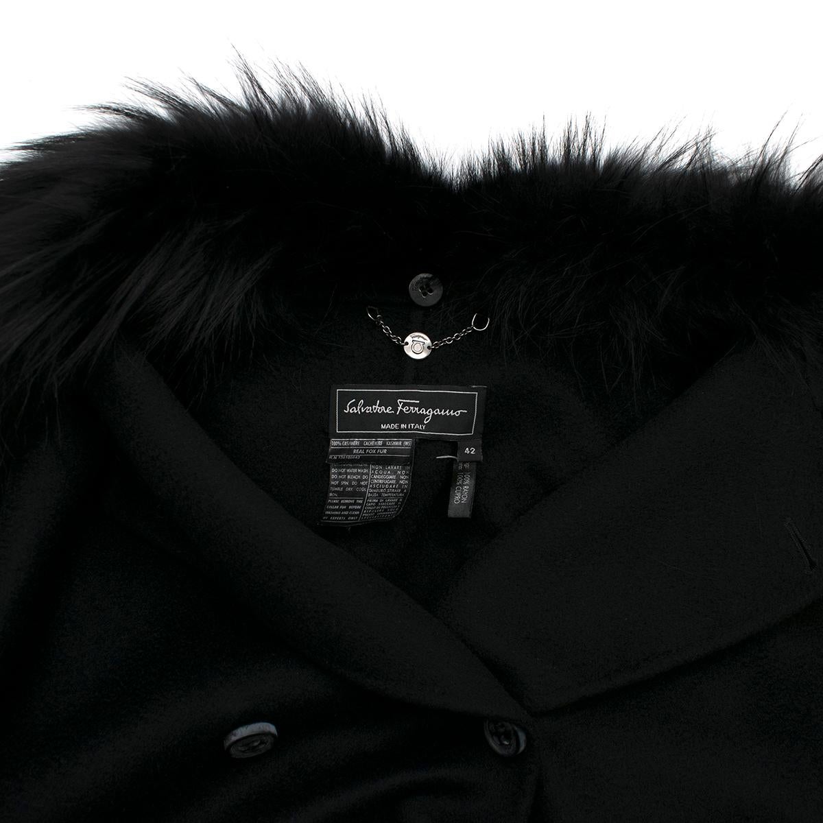 Salvatore Ferragamo Black Cashmere Coat with Fox Fur Collar IT 42 In Excellent Condition In London, GB