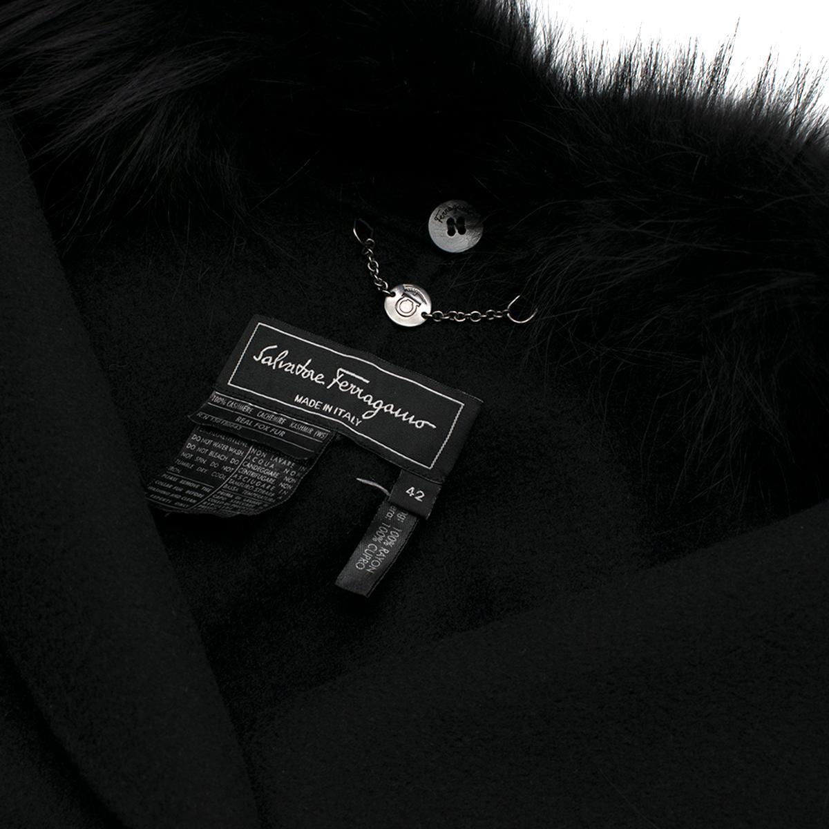 Women's Salvatore Ferragamo Black Cashmere Coat with Fox Fur Collar IT 42