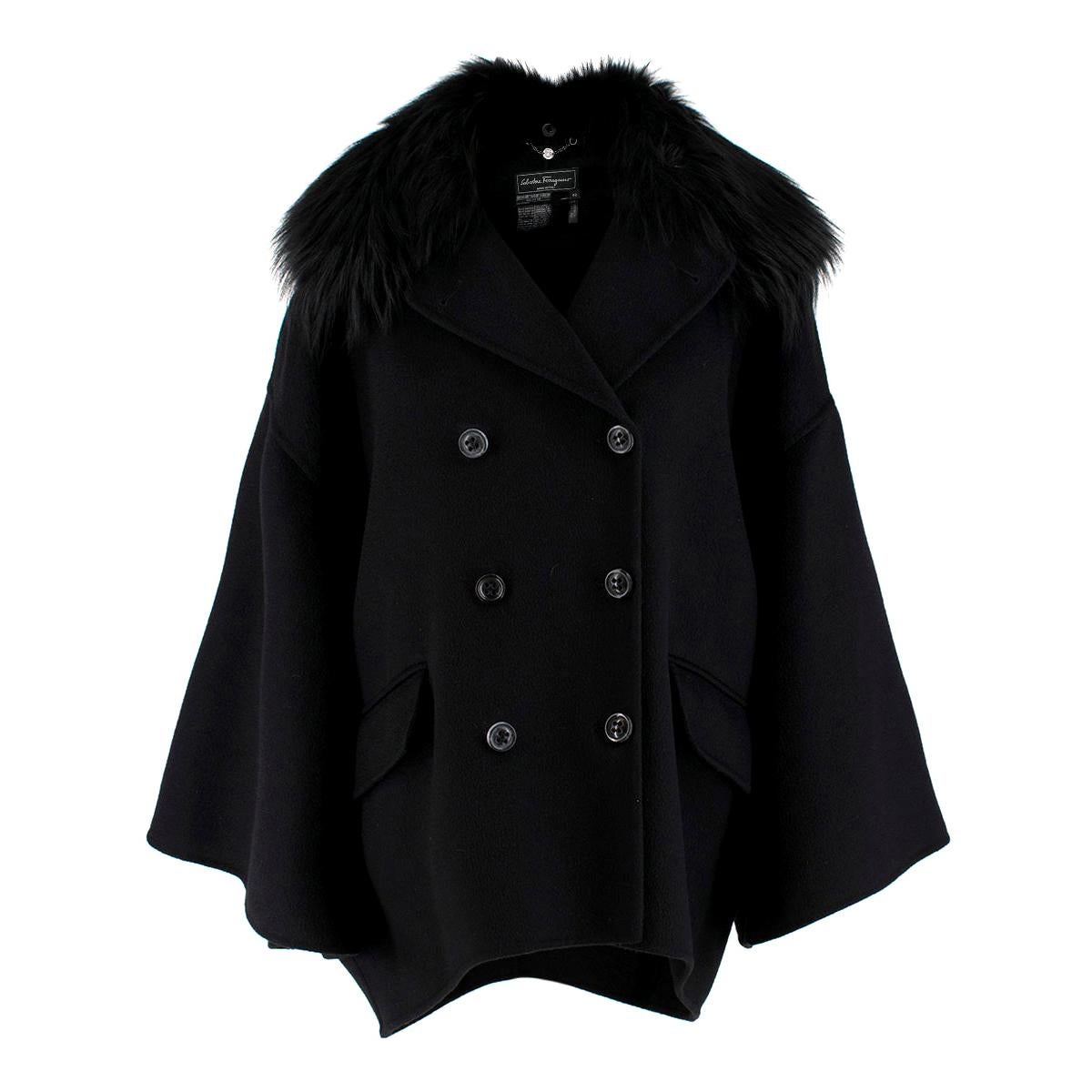 Salvatore Ferragamo Black Cashmere Coat with Fox Fur Collar IT 42
