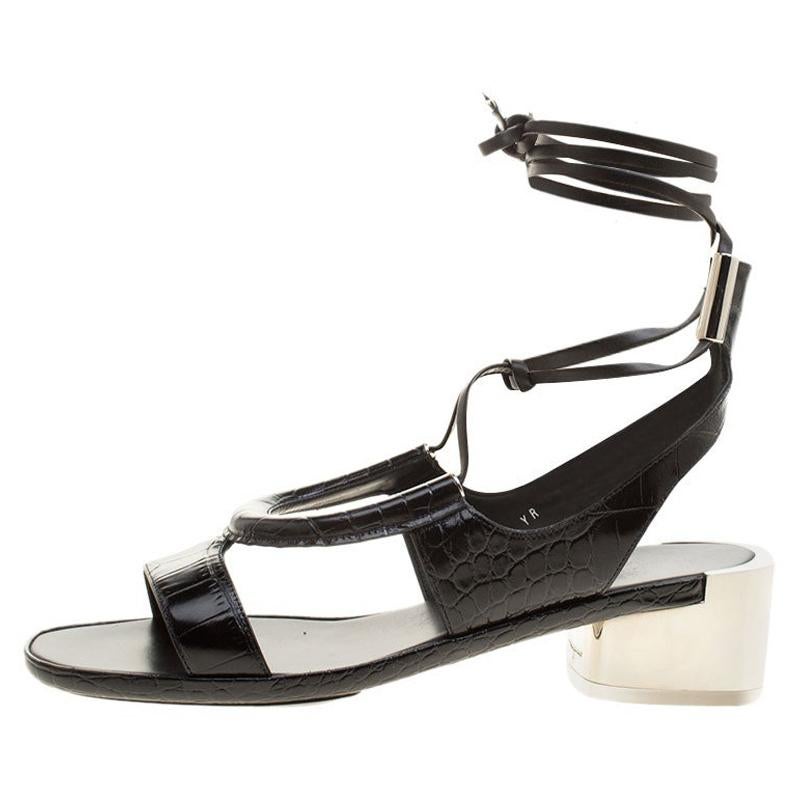 Salvatore Ferragamo Black Croc Effect Leather Glorja Cutout Sandals Size 39