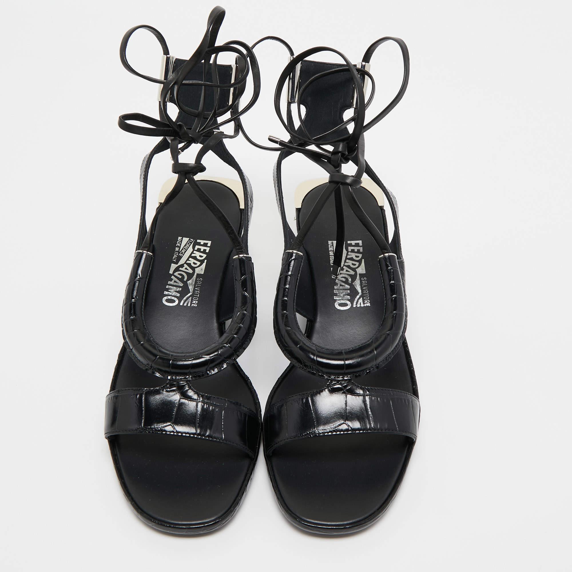 Salvatore Ferragamo Black Croc Embossed Leather Glorja Ankle Wrap Sandals Size 3 In New Condition For Sale In Dubai, Al Qouz 2