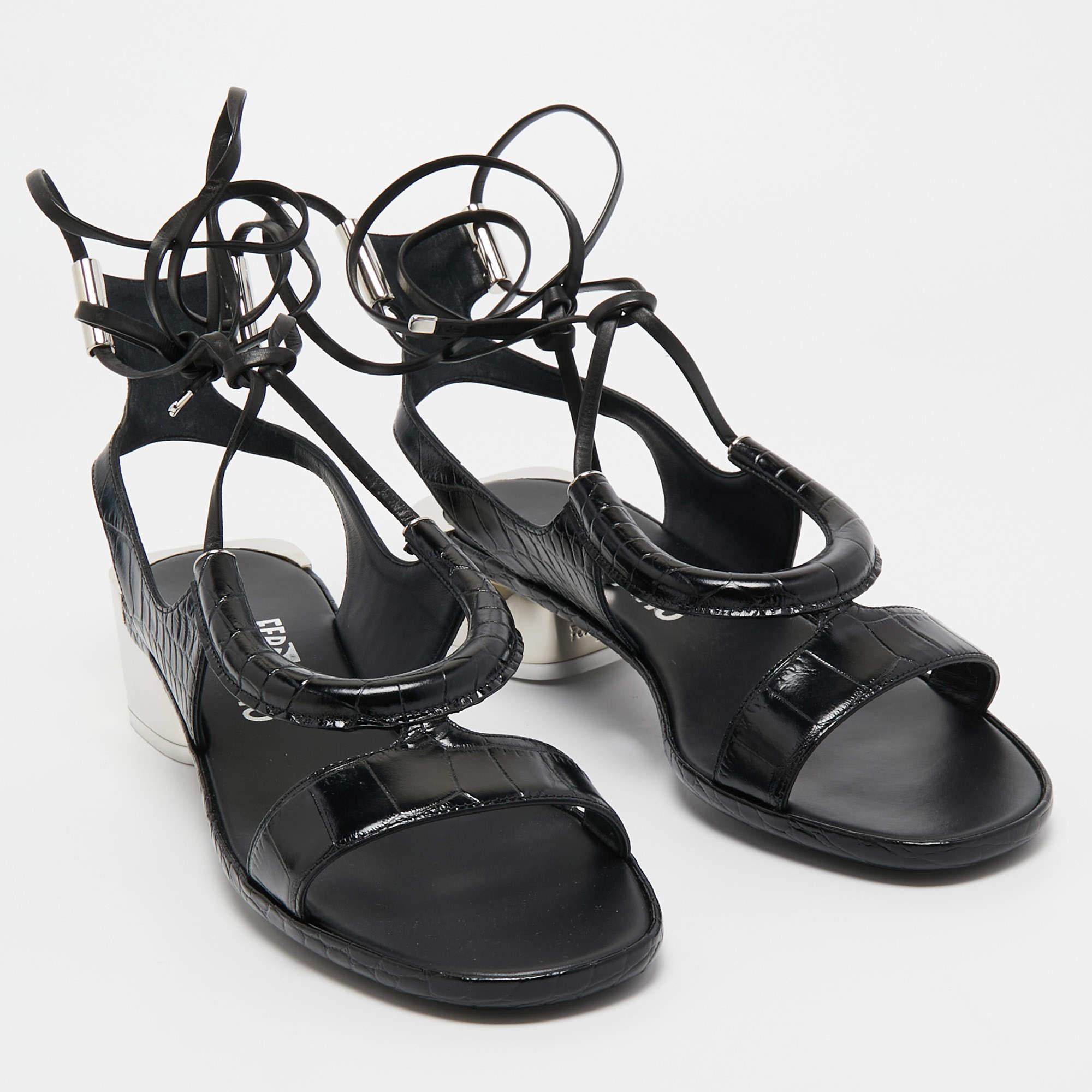Women's Salvatore Ferragamo Black Croc Embossed Leather Glorja Ankle Wrap Sandals Size 3 For Sale