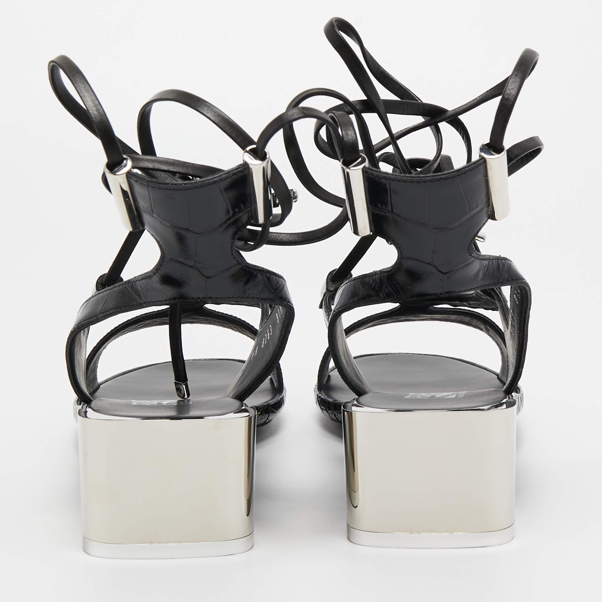 Salvatore Ferragamo Black Croc Embossed Leather Glorja Ankle Wrap Sandals Size 3 For Sale 1