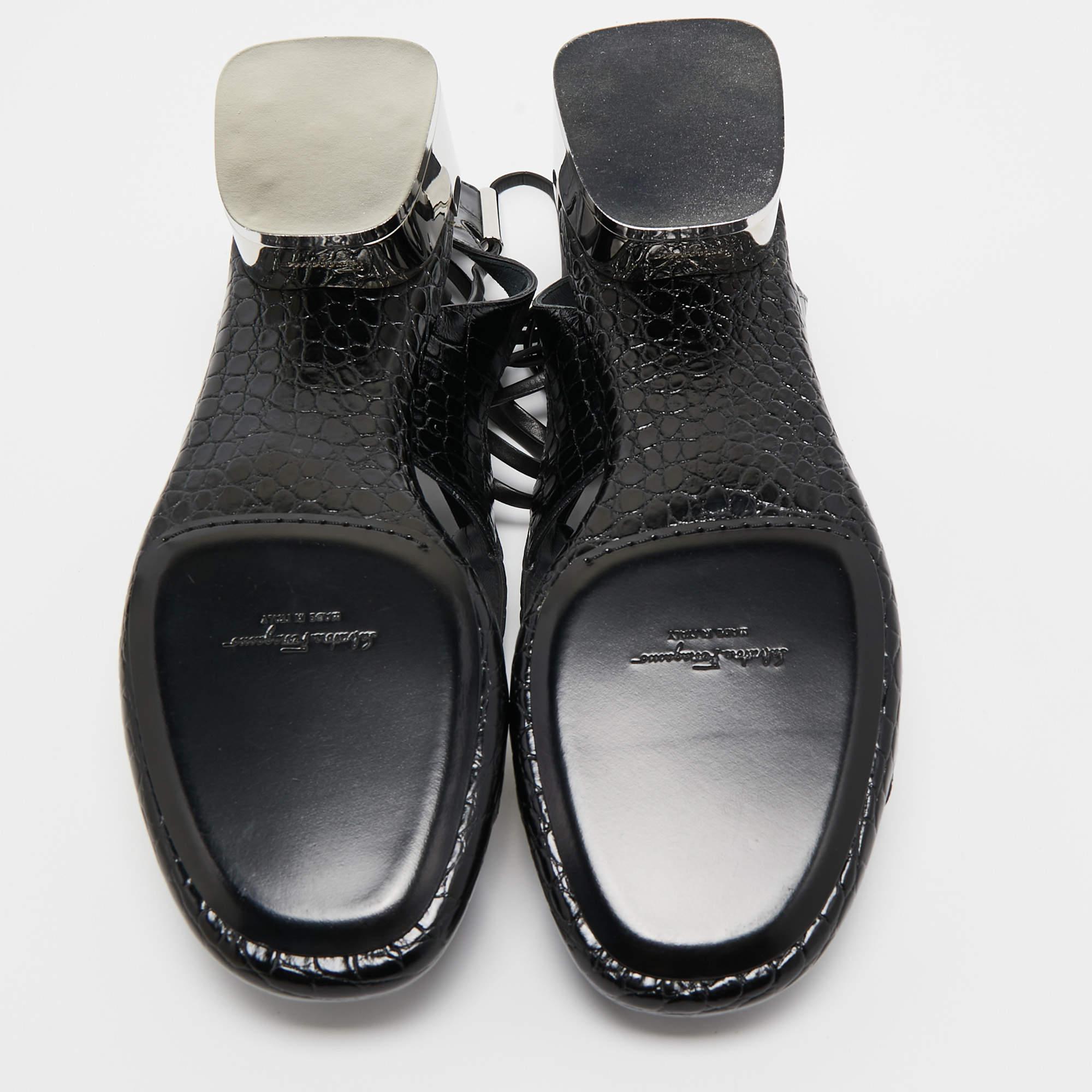 Salvatore Ferragamo Black Croc Embossed Leather Glorja Ankle Wrap Sandals Size 3 For Sale 2
