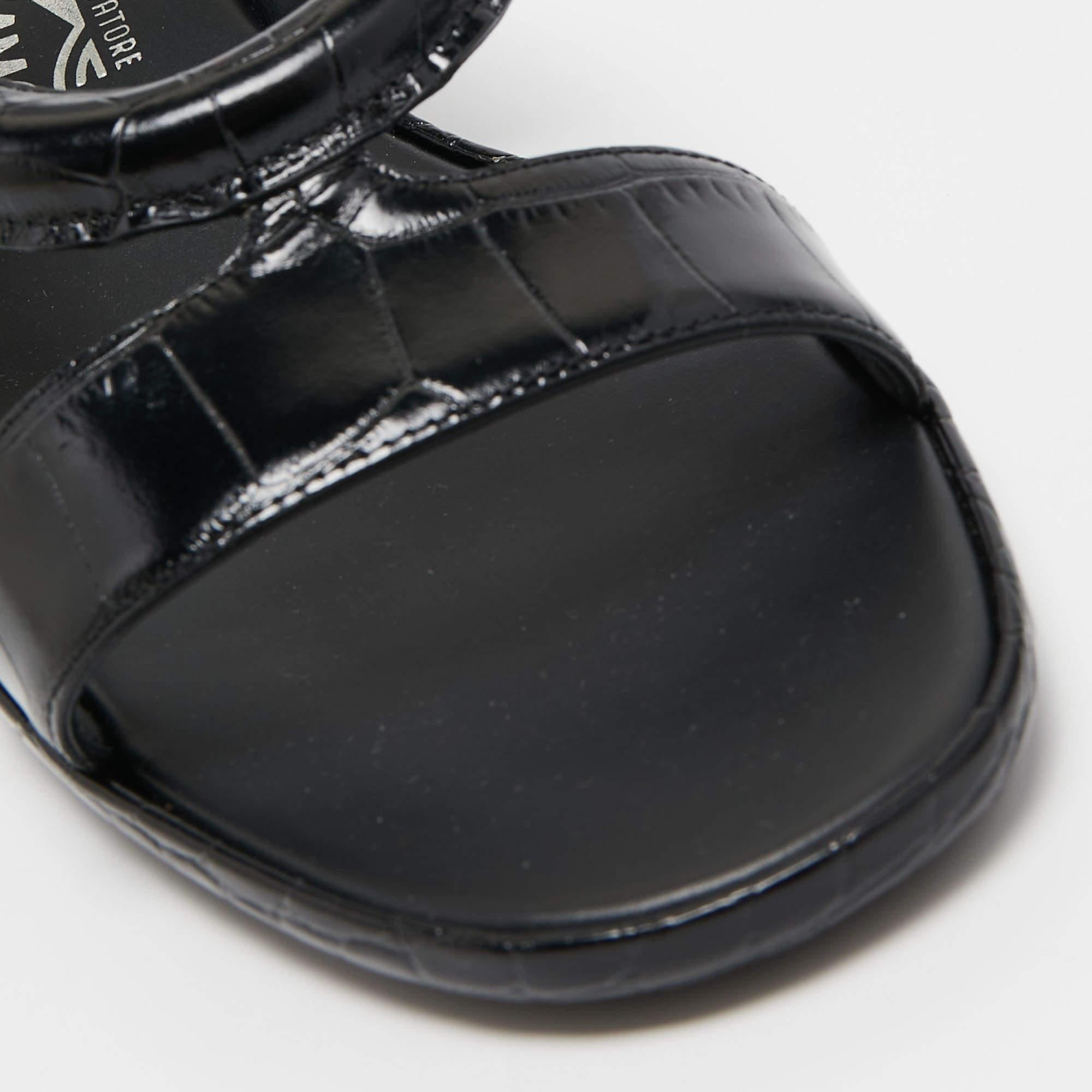 Salvatore Ferragamo Black Croc Embossed Leather Glorja Ankle Wrap Sandals Size 3 For Sale 3