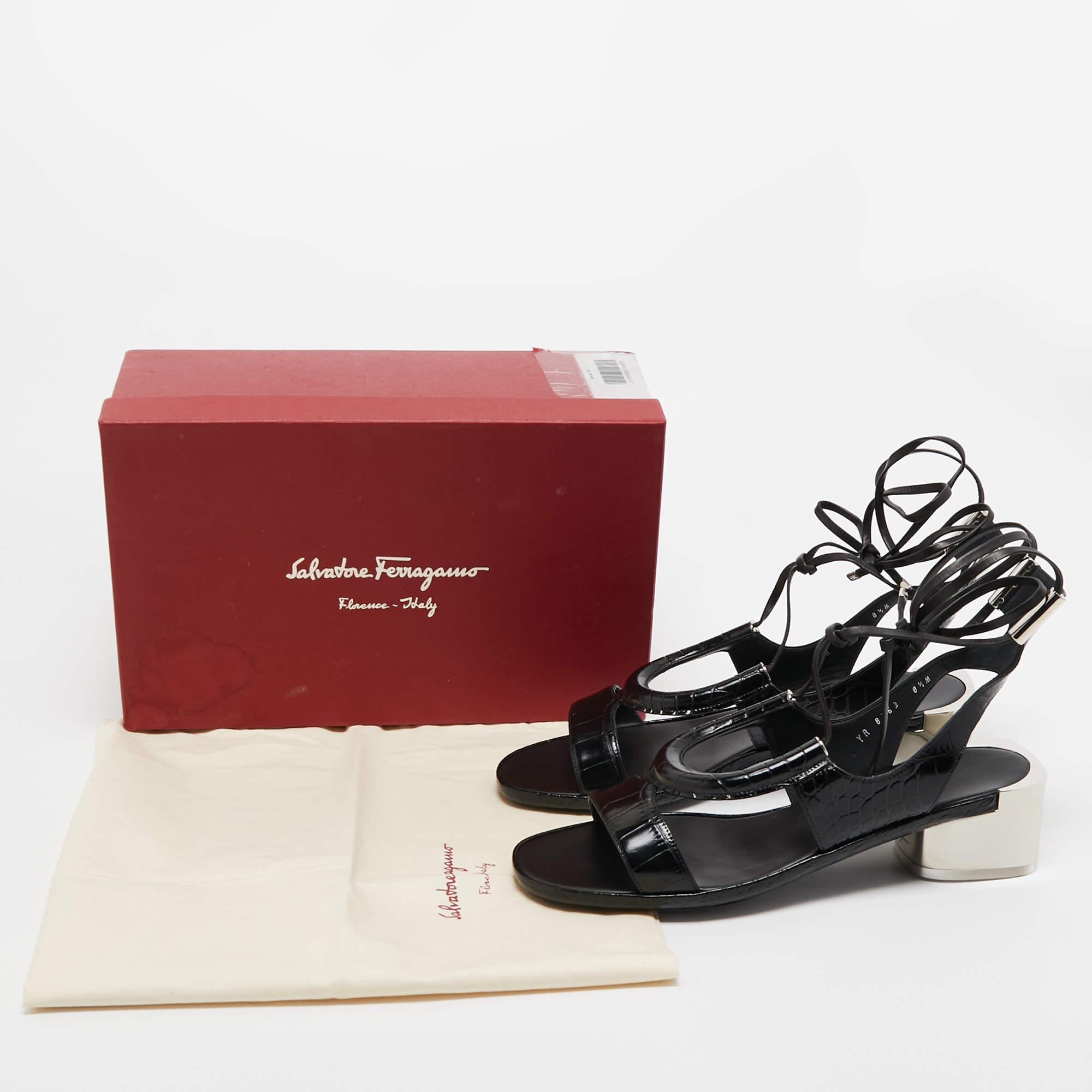Salvatore Ferragamo Black Croc Embossed Leather Glorja Ankle Wrap Sandals Size 3 For Sale 5