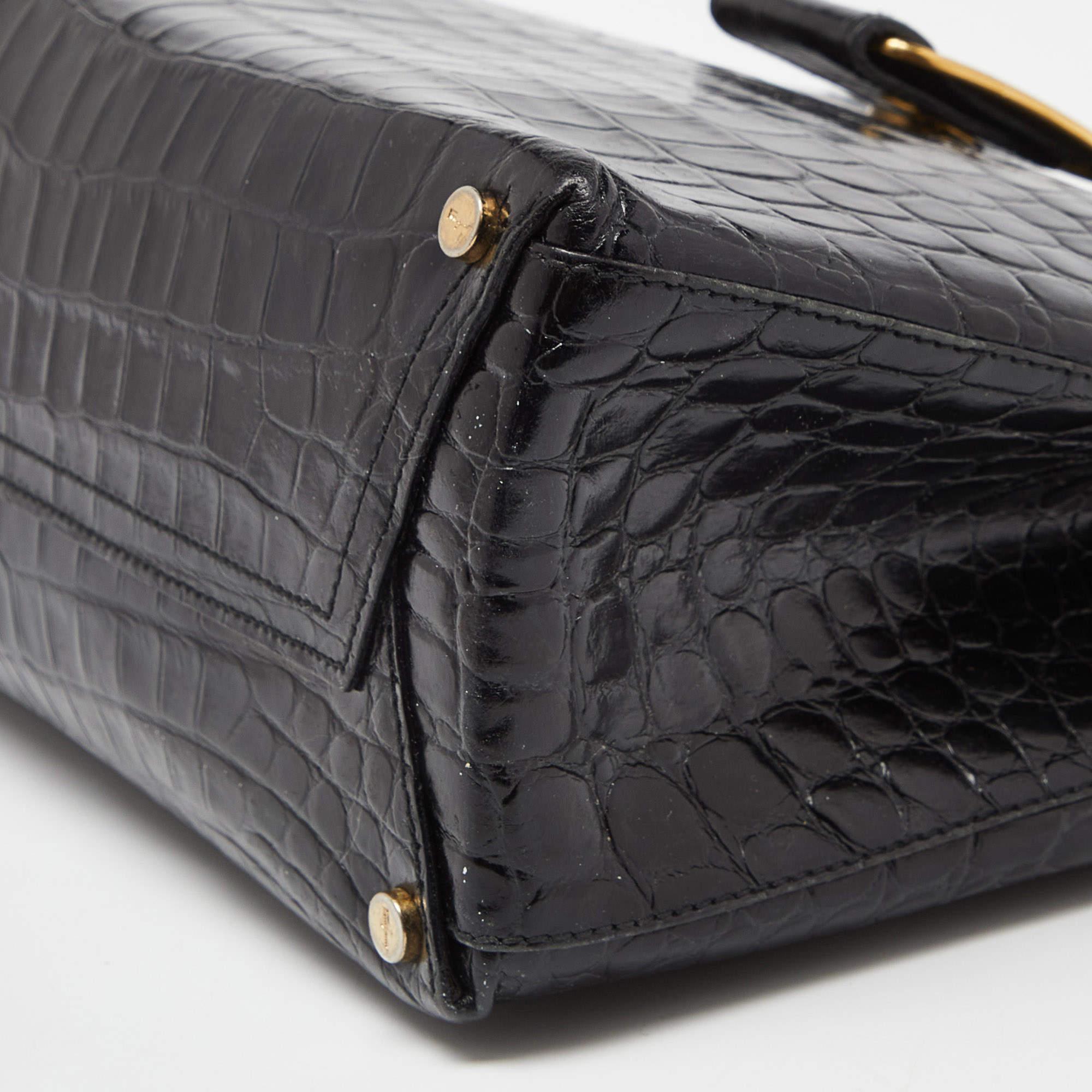 Salvatore Ferragamo Black Croc Embossed Leather Tote For Sale 6