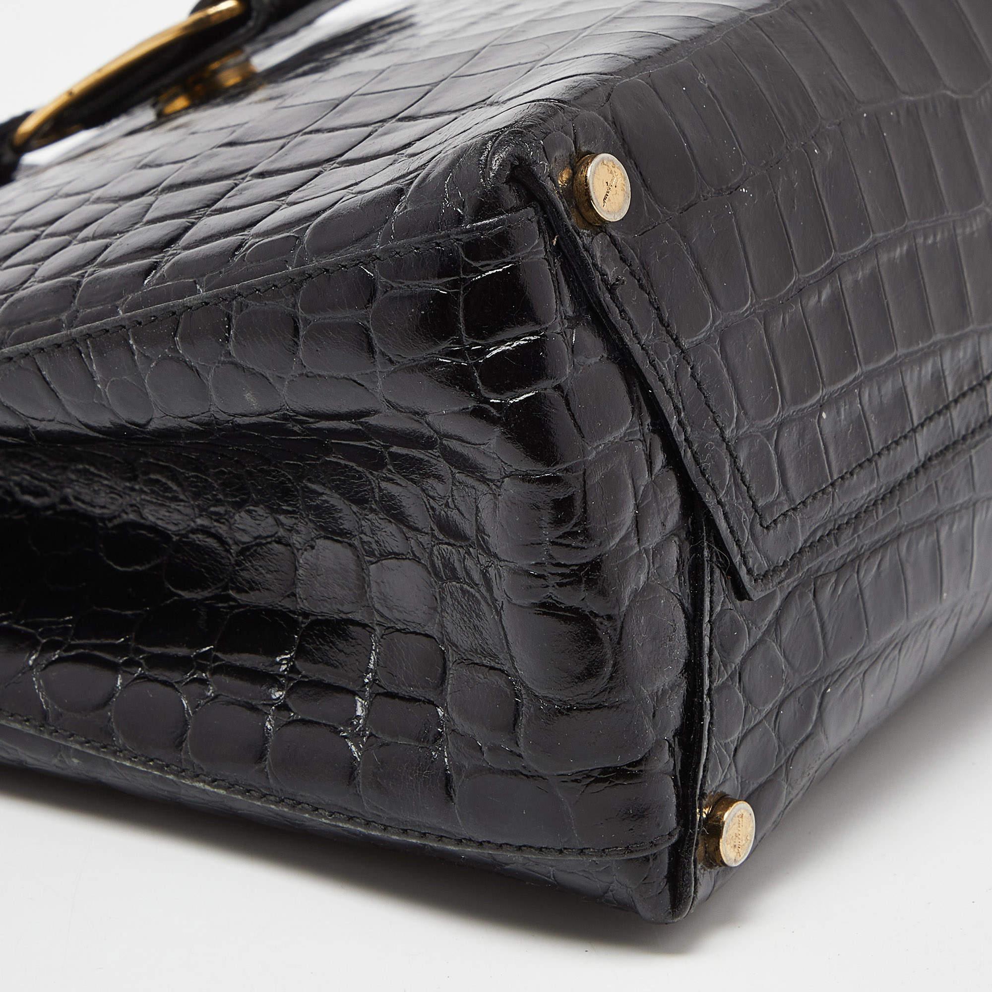 Salvatore Ferragamo Black Croc Embossed Leather Tote For Sale 2