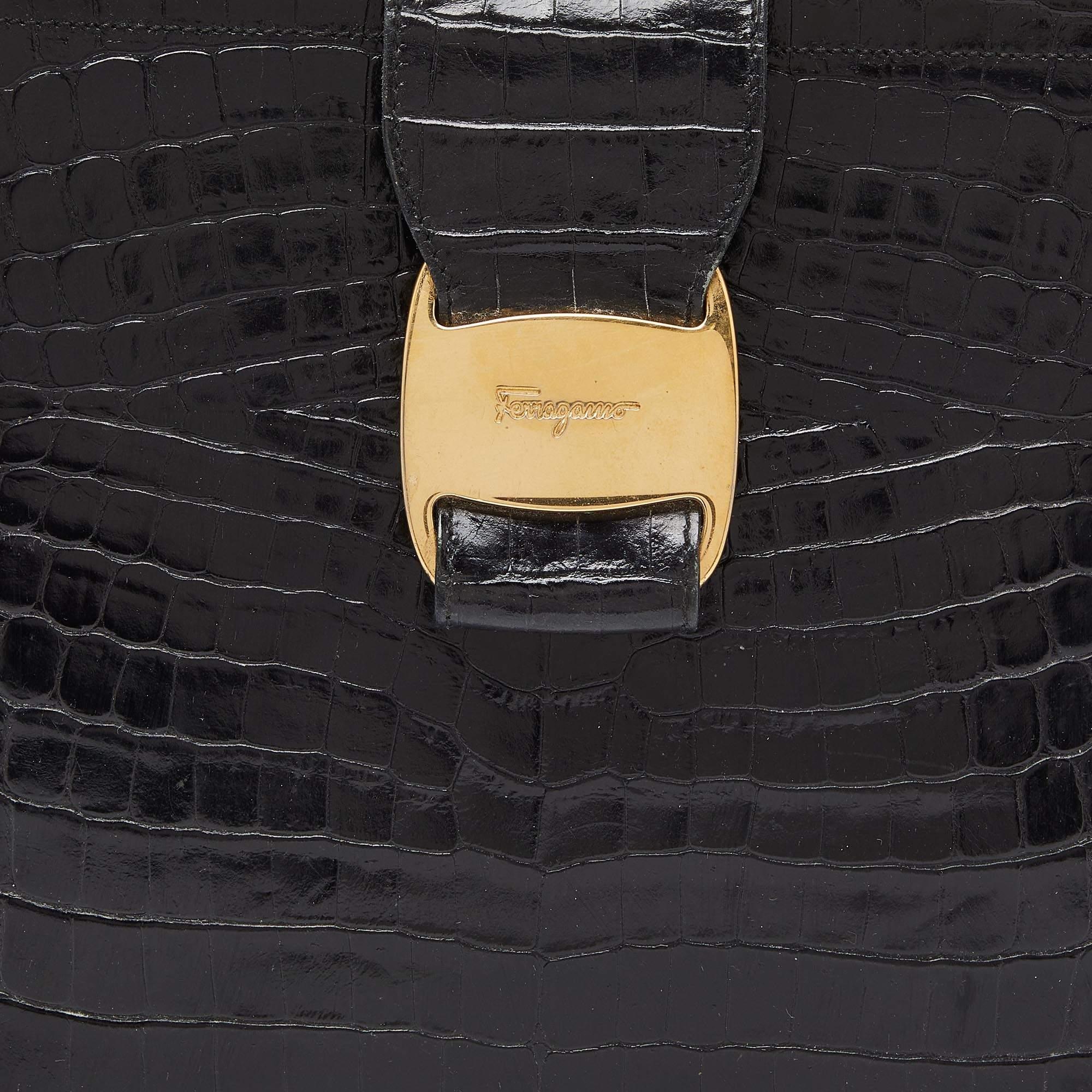 Salvatore Ferragamo Black Croc Embossed Leather Tote For Sale 3