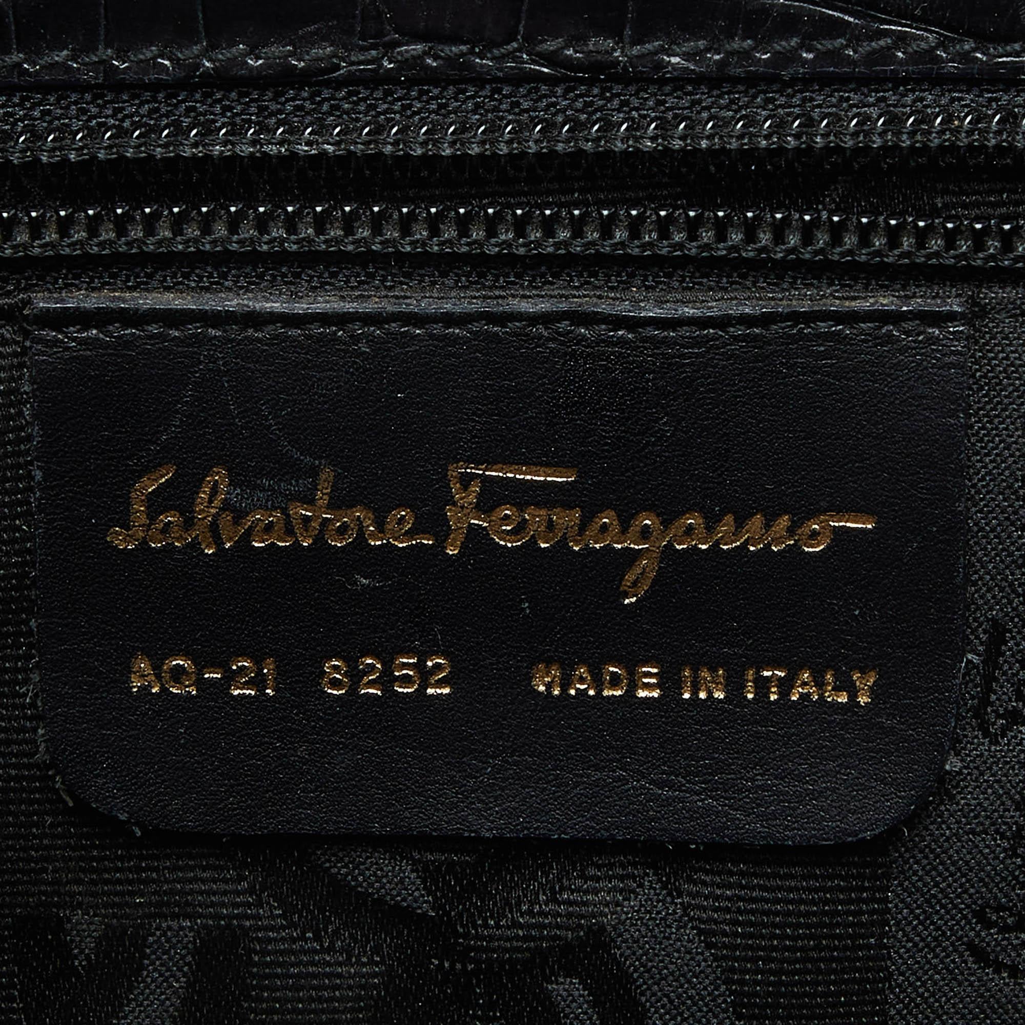 Salvatore Ferragamo Black Croc Embossed Leather Tote For Sale 5