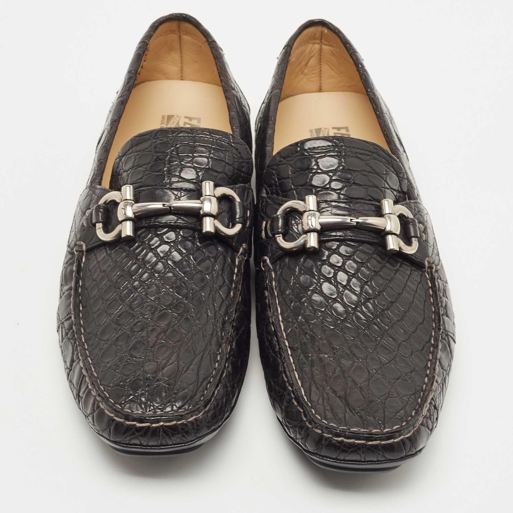 Men's Salvatore Ferragamo Black Croc Leather Parigi Horsebit Slip On Loafers 