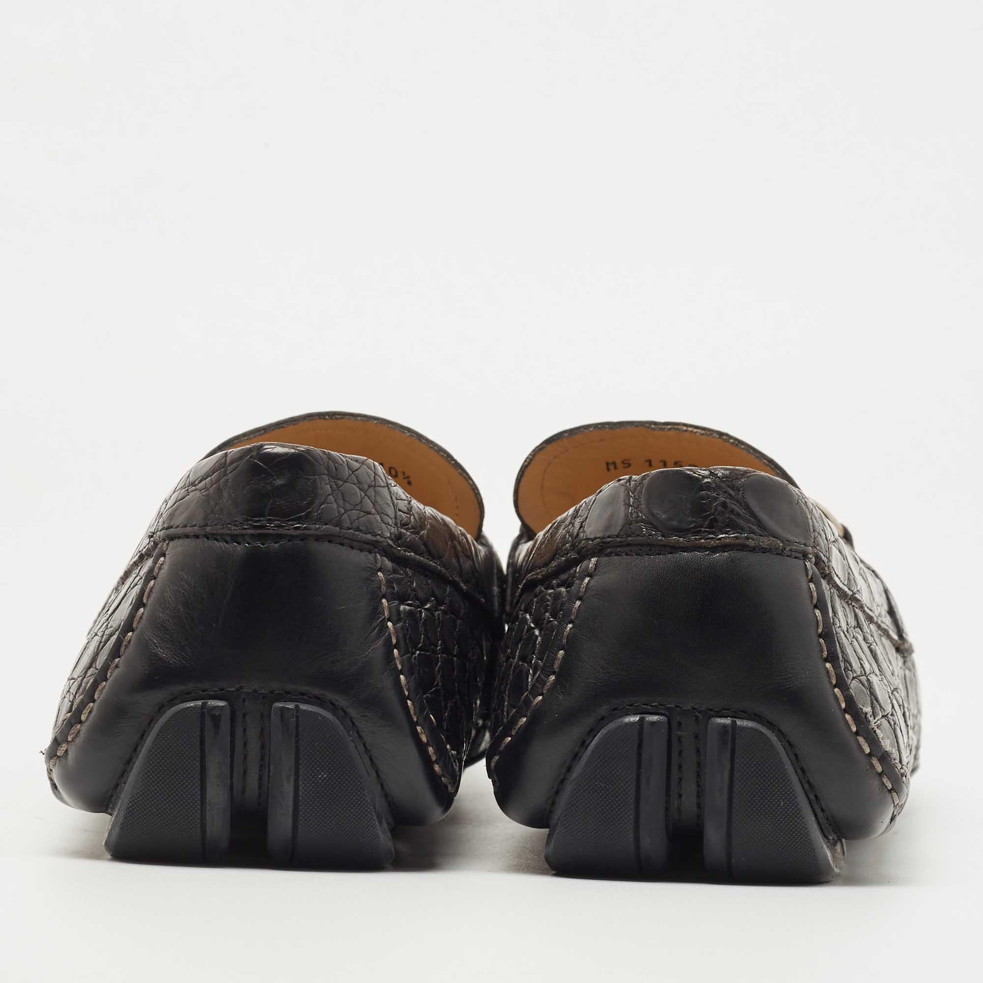 Salvatore Ferragamo Black Croc Leather Parigi Horsebit Slip On Loafers  1