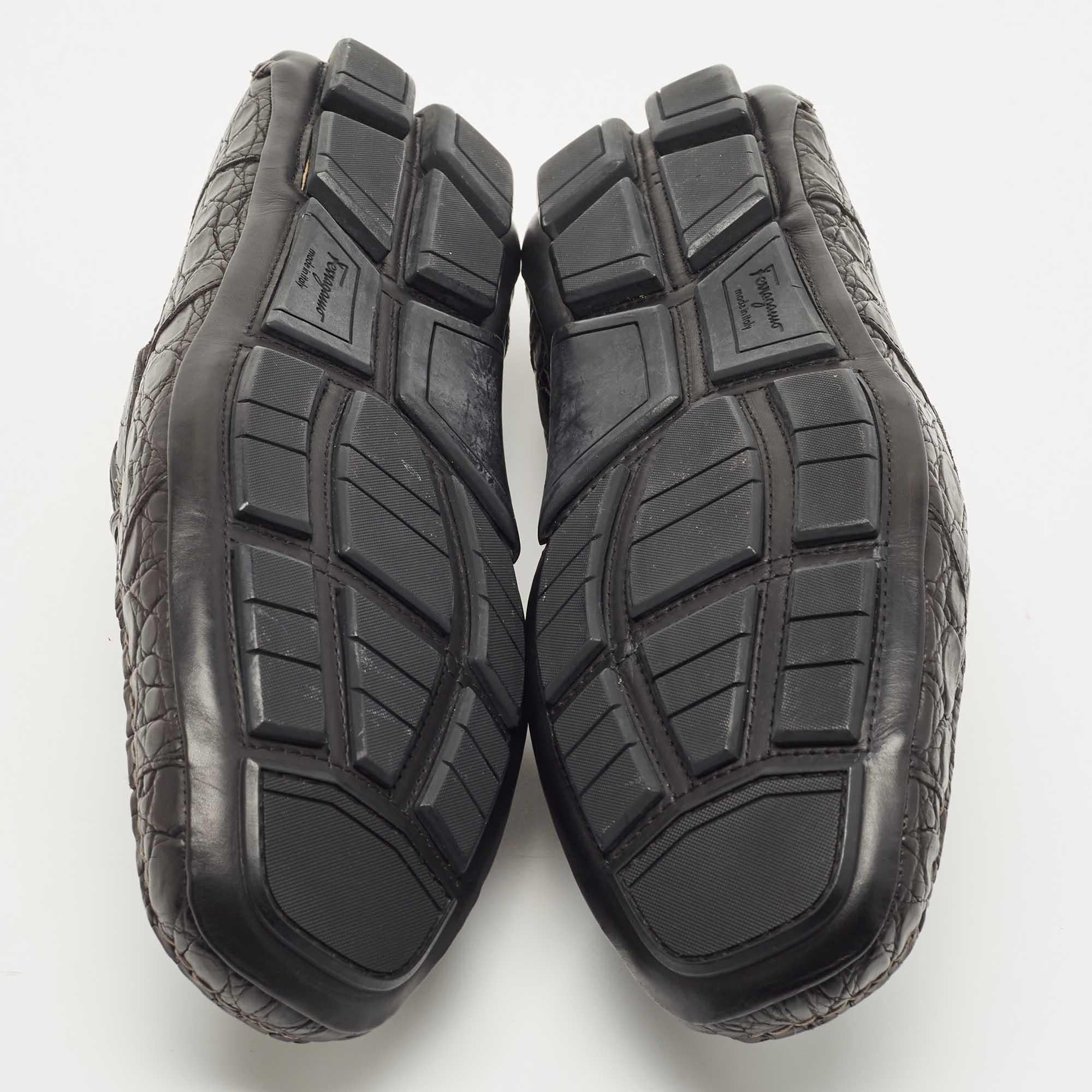 Salvatore Ferragamo Black Croc Leather Parigi Horsebit Slip On Loafers  2
