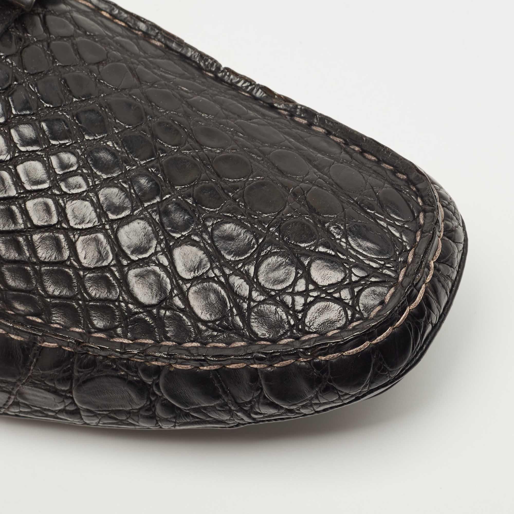 Salvatore Ferragamo Black Croc Leather Parigi Horsebit Slip On Loafers  3