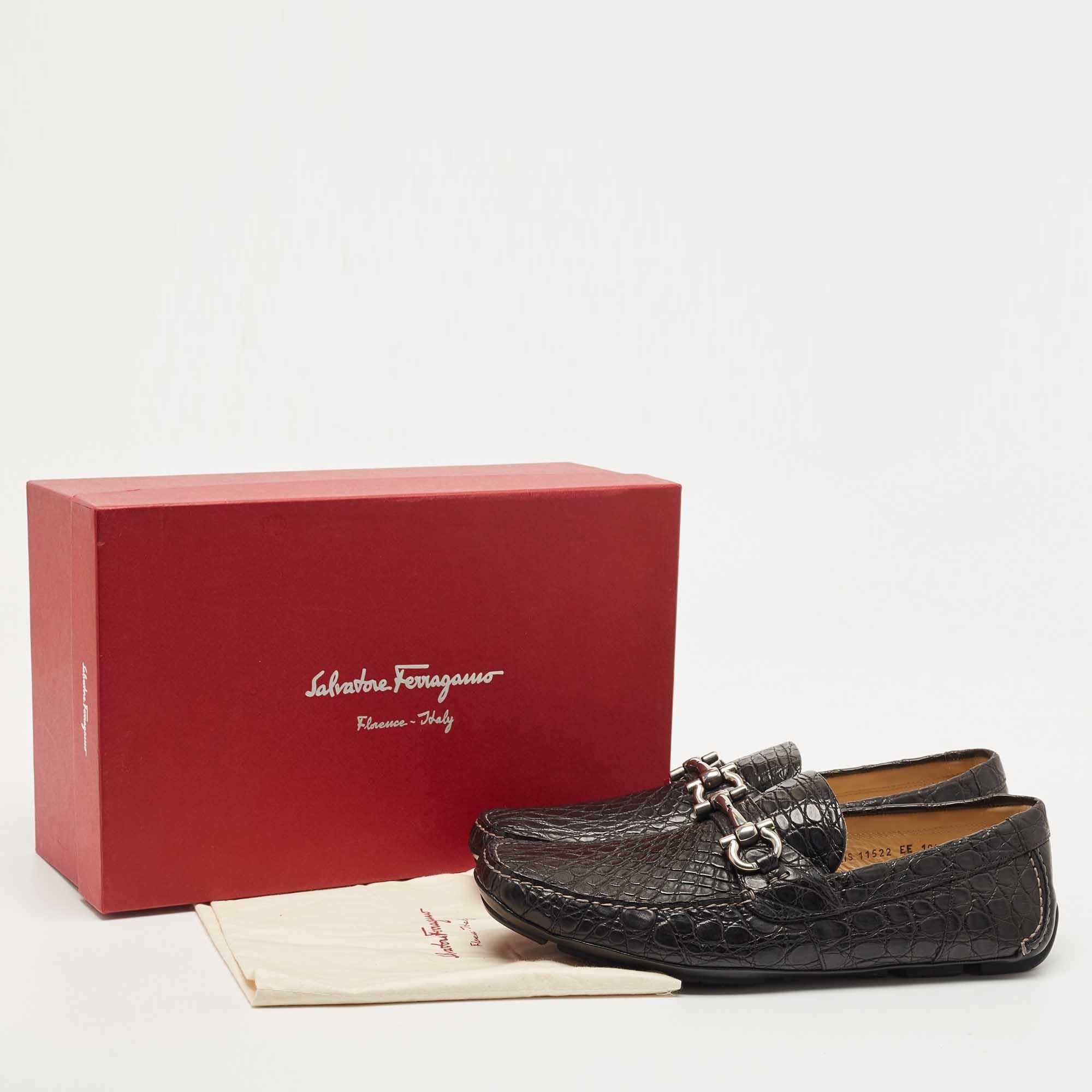 Salvatore Ferragamo Black Croc Leather Parigi Horsebit Slip On Loafers  5