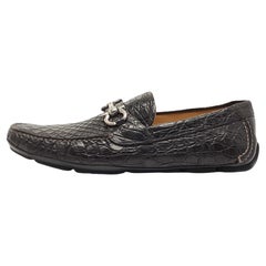 Salvatore Ferragamo Black Croc Leather Parigi Horsebit Slip On Loafers 