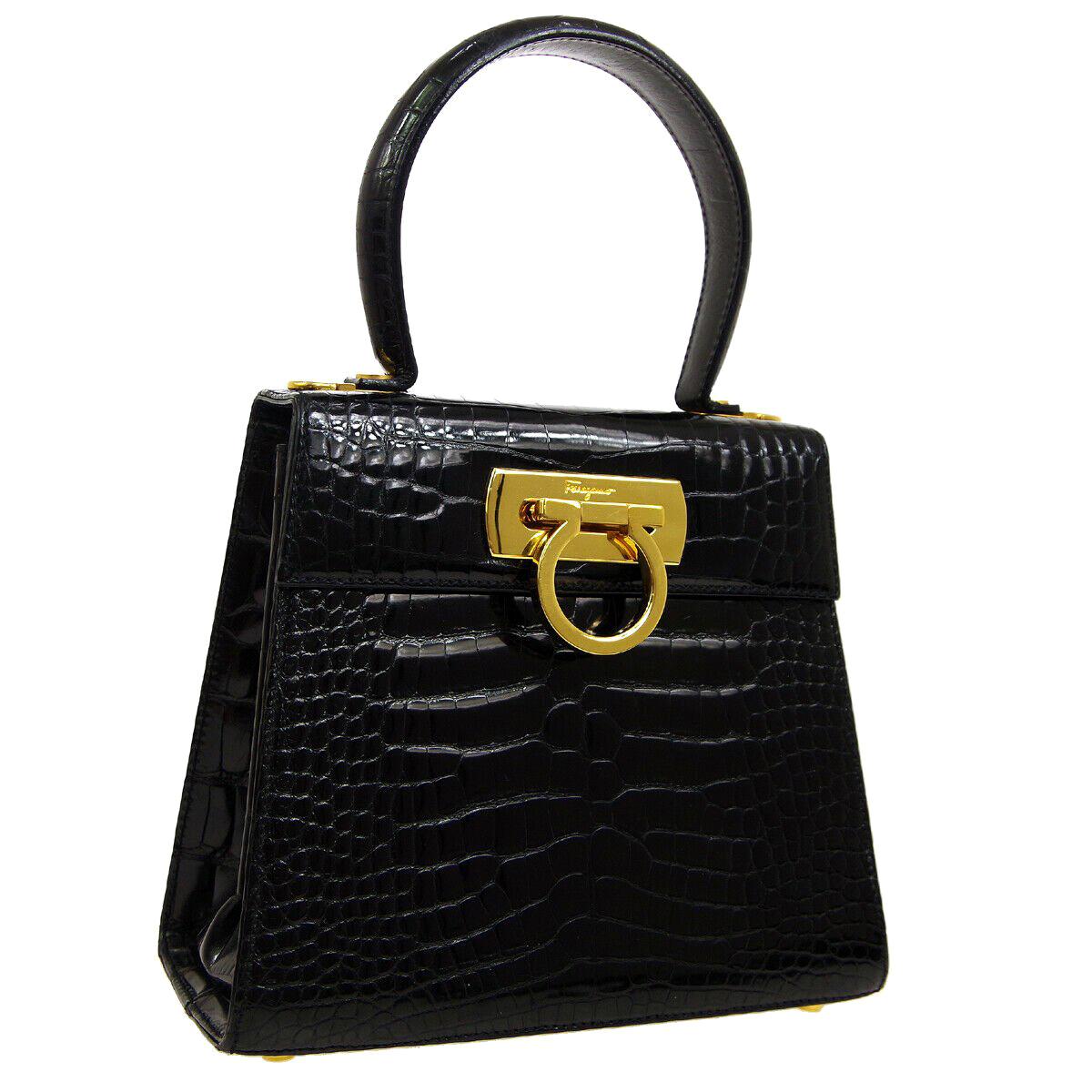 Salvatore Ferragamo Black Crocodile Mini Kelly Style Top Handle Satchel Flap Bag