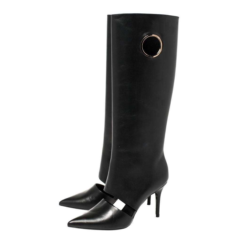 Women's Salvatore Ferragamo Black Cutout Leather Eyelet Knee Boots Size 38.5