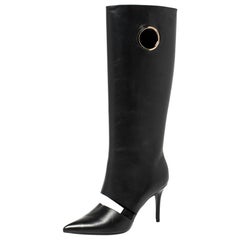 Salvatore Ferragamo Black Cutout Leather Eyelet Knee Boots Size 38.5