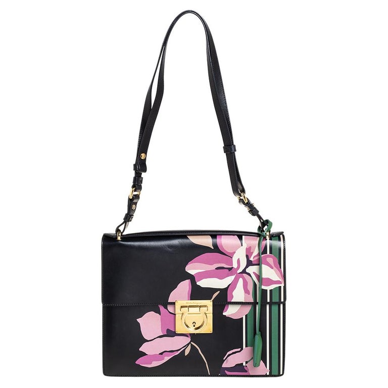 Floral Embossed Leather Shoulder Bag in Black from Mexico, 'Flower Carrier  in Black