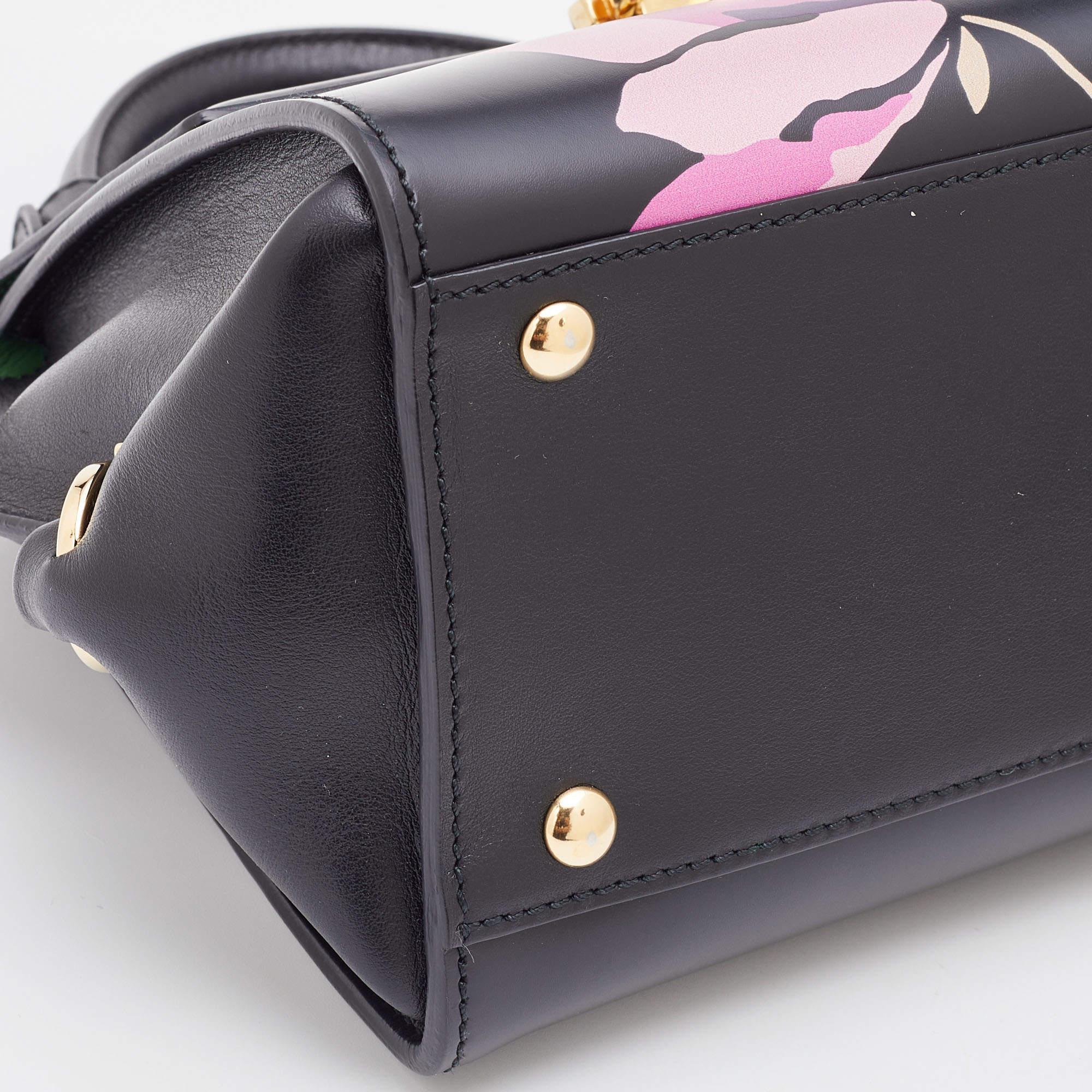 Salvatore Ferragamo Black Floral Print Leather Small Sofia Top Handle Bag 6