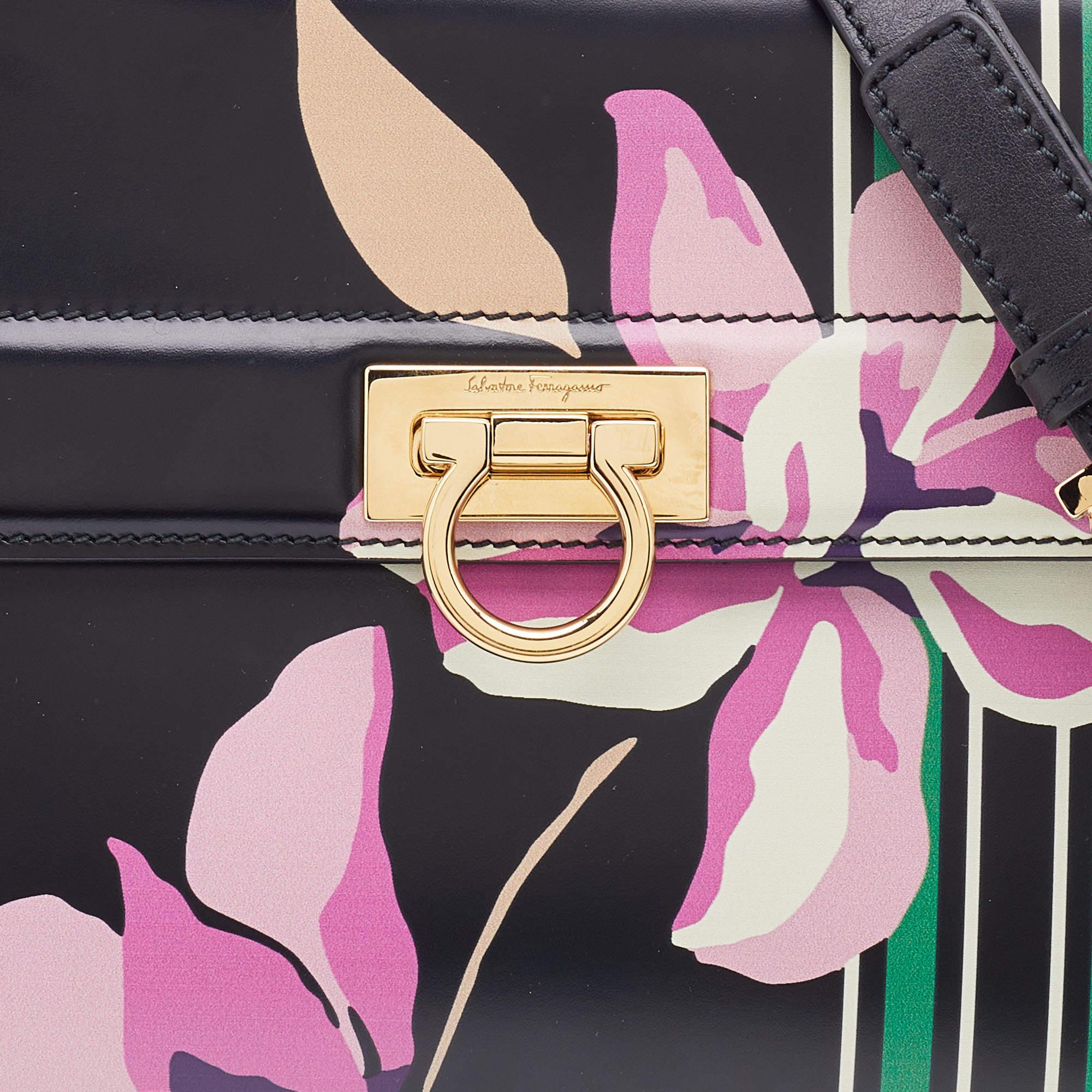 Salvatore Ferragamo Black Floral Print Leather Small Sofia Top Handle Bag 8